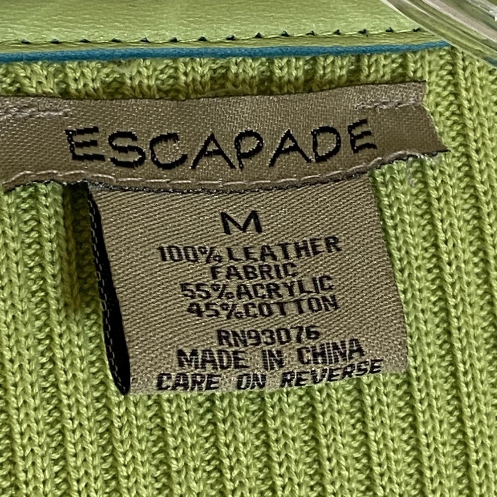 Escapade Jacket Womens Medium Green Leather Ribbed Knit Full Zip Lined - Picture 12 of 16